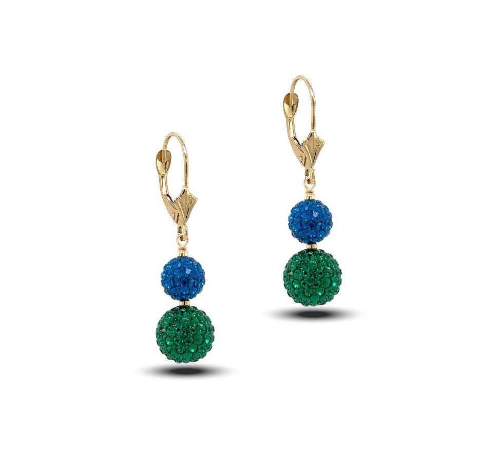14K Yellow Gold Leverback Dangle Earrings with Genuine Czech Crystals