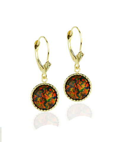 14k Yellow Gold Opal Round Flat Dangle Leverback Earrings