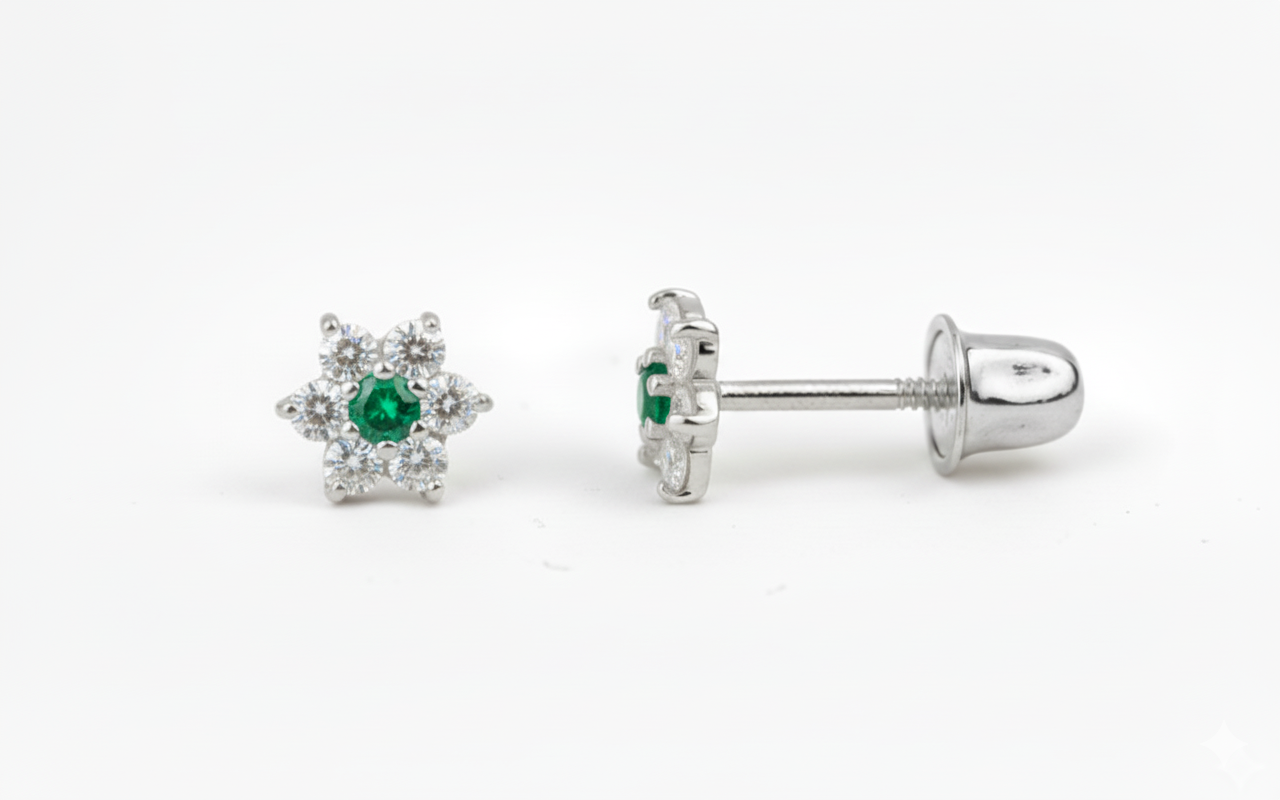14K White Gold Classic Flower CZ  Stud Earrings for Women