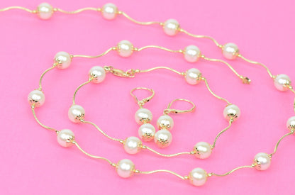 14k Yellow Gold Genuine White Pearls 3pcs Women Set:Necklace, Bracelet, Earrings