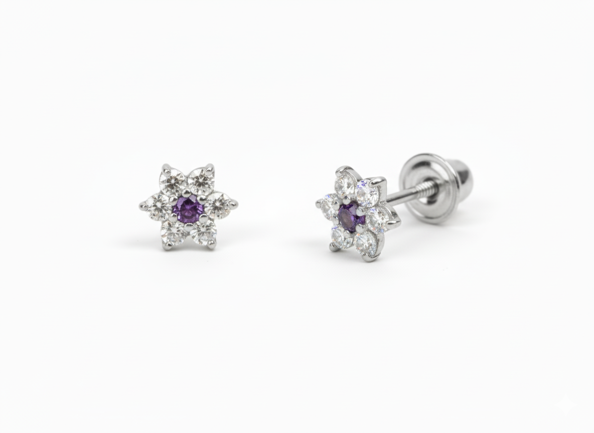 14K White Gold Classic Flower CZ  Stud Earrings for Women