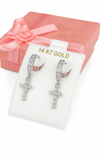 14k Yellow/White Gold Cross Dangle Hoop Huggie CZ Earrings