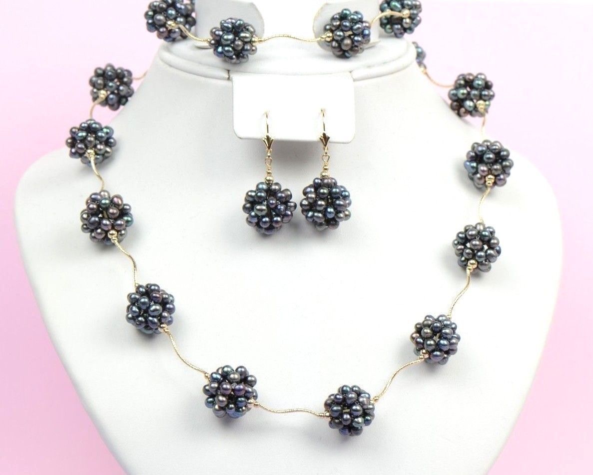 14k Yellow Gold Genuine dyed Pearl Jewelry set (necklace,bracelet,earrings)