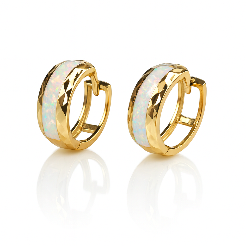 14k Yellow Gold White Opal Huggie Hoop Earrings