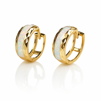 14k Yellow Gold White Opal Huggie Hoop Earrings