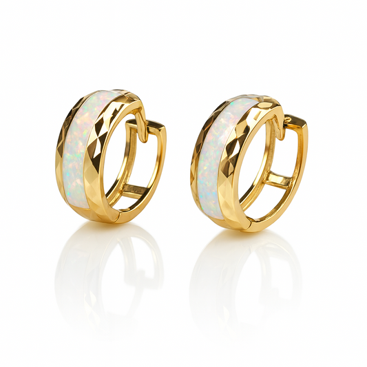 14k Yellow Gold White Opal Huggie Hoop Earrings