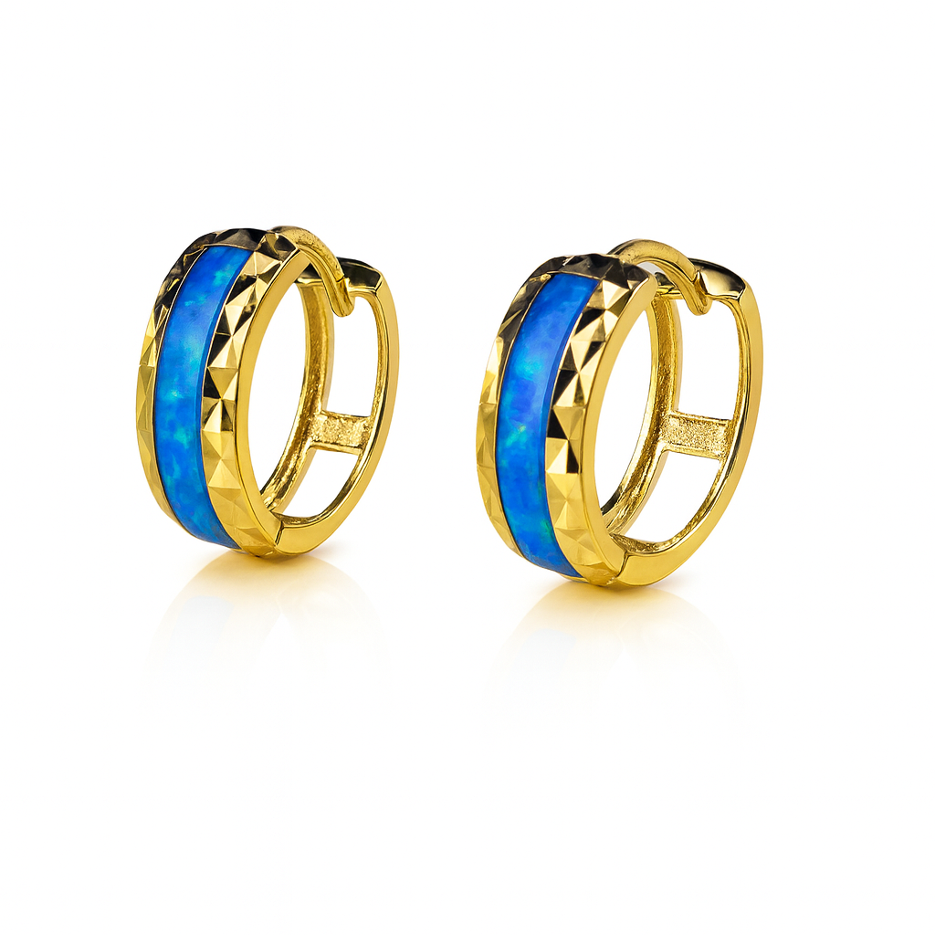 14k Yellow Gold Dark Blue Opal Huggie Hoop Earrings