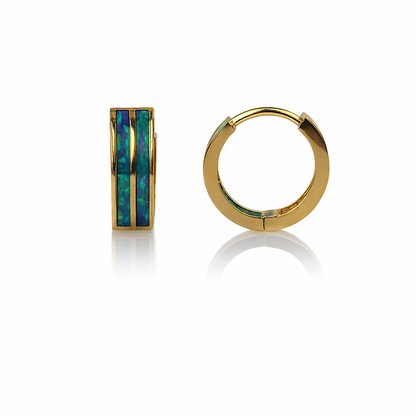 14k Yellow/White Gold Double Row Green Opal Huggie Hoop Earrings