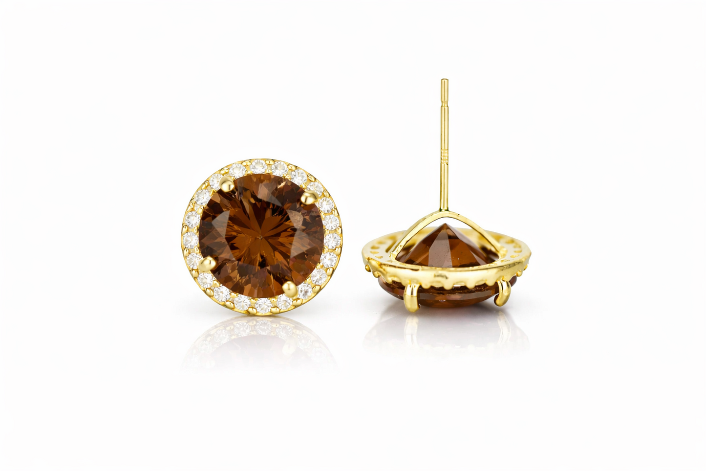 14K Yellow Gold 10mm Round Halo CZ Stud Push Back Earrings