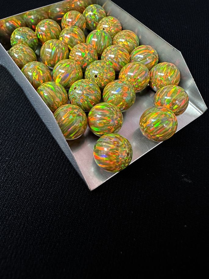 Half Drilled Fire Brown Synthetic Lab Created Opal Round Beads