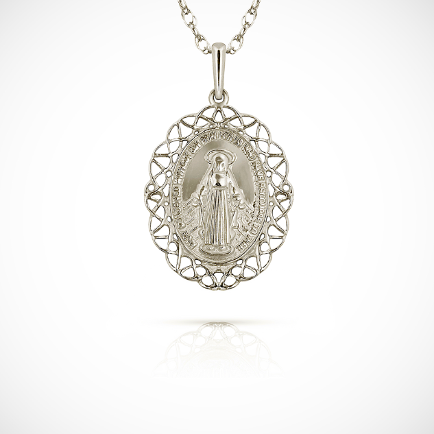 14K Yellow & White Gold Miraculous Medal Virgin Mary Pendant For Women