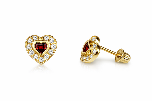 14k Solid Yellow Gold Halo Heart Stud Earrings