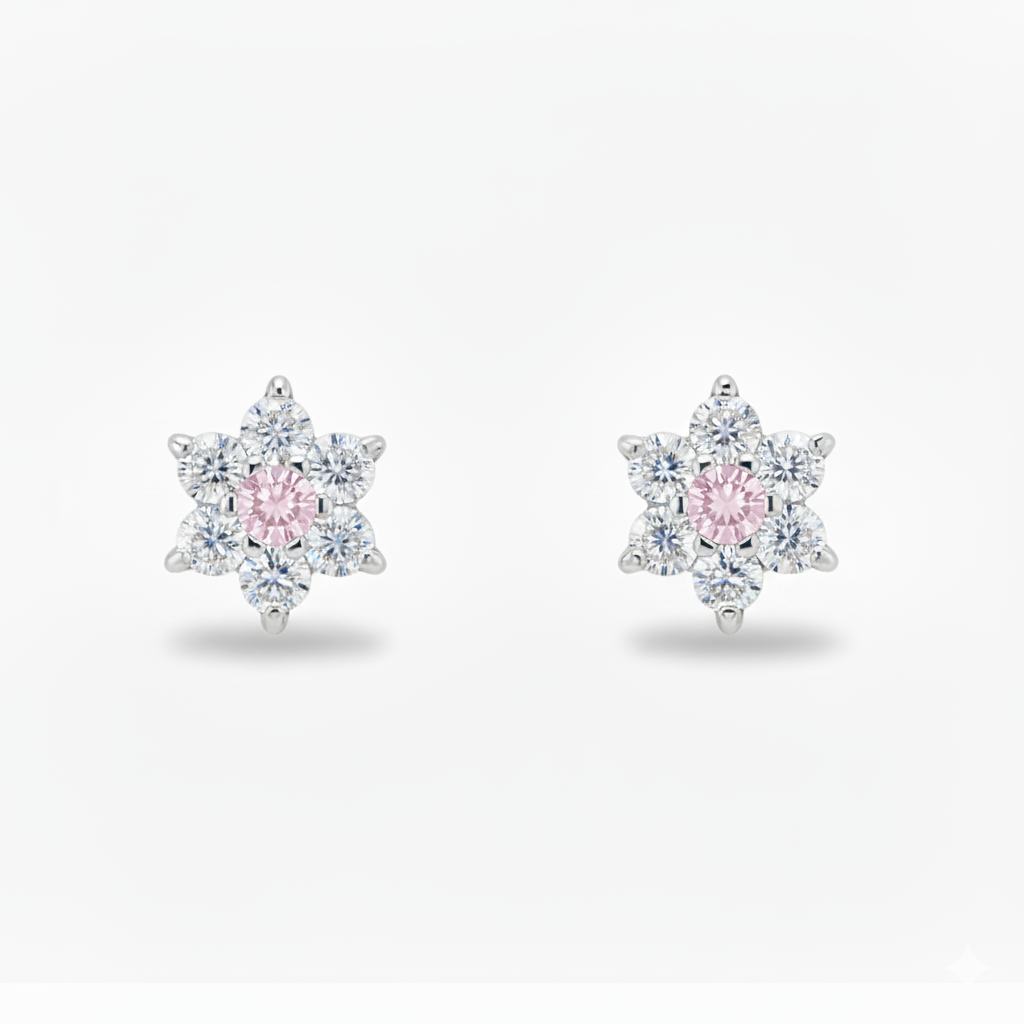 14K White Gold Classic Flower CZ  Stud Earrings for Women