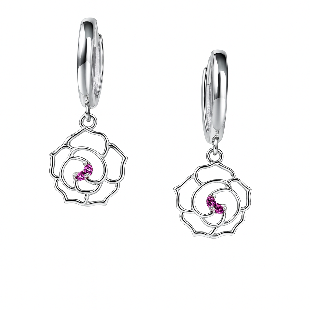 14k Yellow / White Gold Dangle CZ Flower Huggie Earrings