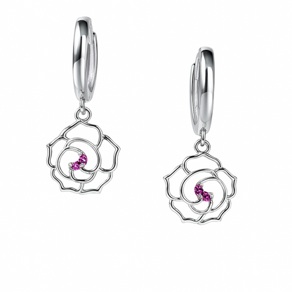 14k Yellow / White Gold Dangle CZ Flower Huggie Earrings