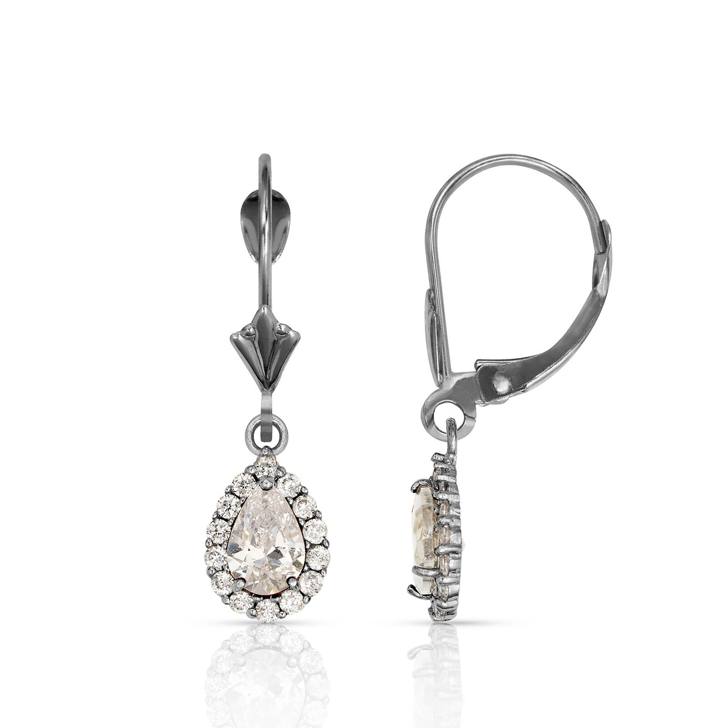14k White Gold Halo CZ Tear Drop Dangle Leverback Earrings