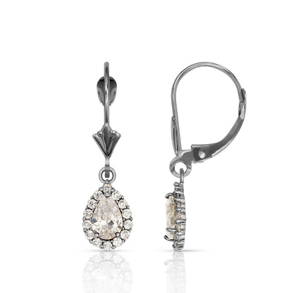 14k White Gold Halo CZ Tear Drop Dangle Leverback Earrings