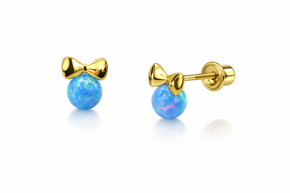14k Yellow Gold Bow Tie Opal Stud Earrings/ Screw Back