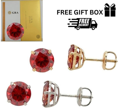 14K Gold GRA Certified D-VVS1 Round Garnet Moissanite Screw Back Studs Earrings