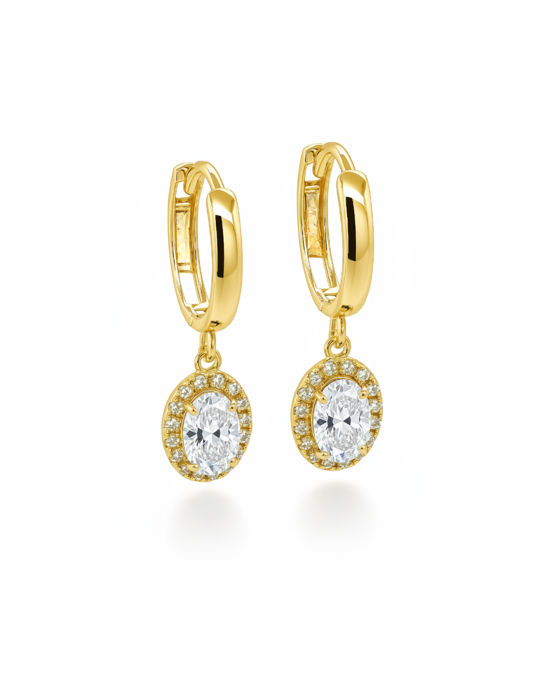 14k Yellow Gold Halo Oval Shaped Birthstone Huggie Earrings for Women