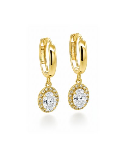 14k Yellow Gold Halo Oval Shaped Birthstone Huggie Earrings for Women