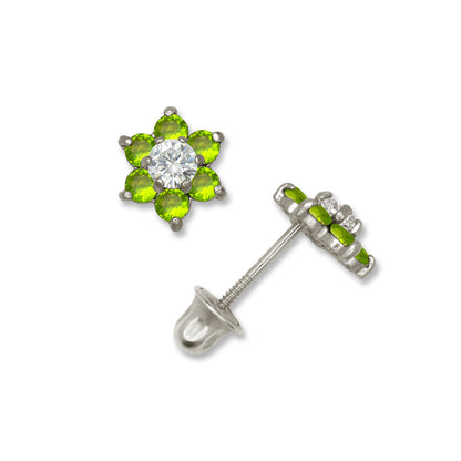 14k White Gold CZ Flower Birthstone Stud Screw Back Earrings