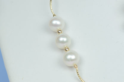 14K Yellow Gold Natural genuine White Pearl Necklace, Bracelet, Earrings Set