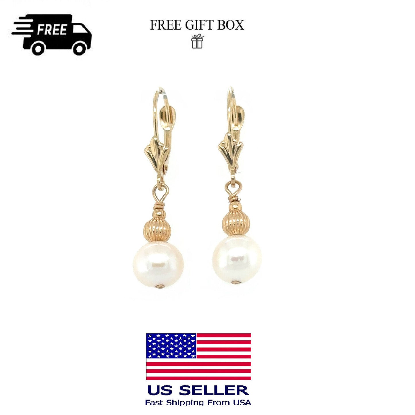 14K Yellow Gold Lever Back  Earrings with Genuine Perl