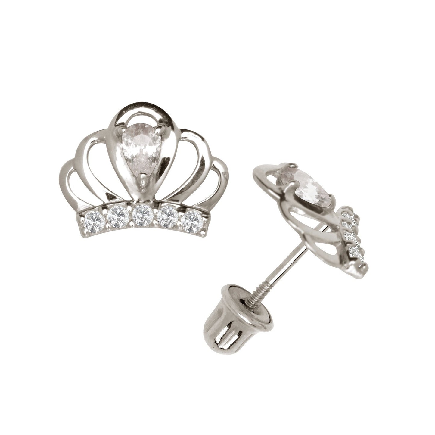 14k Yellow & White Gold CZ Crown Baby Screw Back Stud Earring for Girls