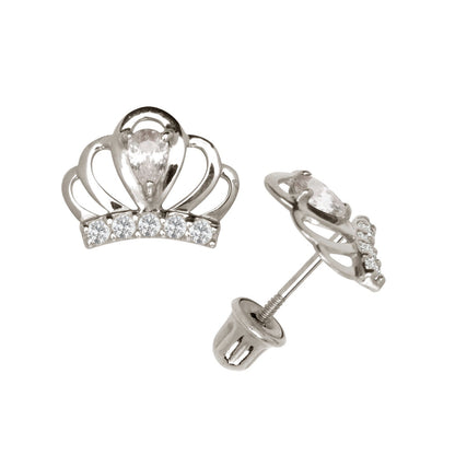 14k Yellow & White Gold CZ Crown Baby Screw Back Stud Earring for Girls