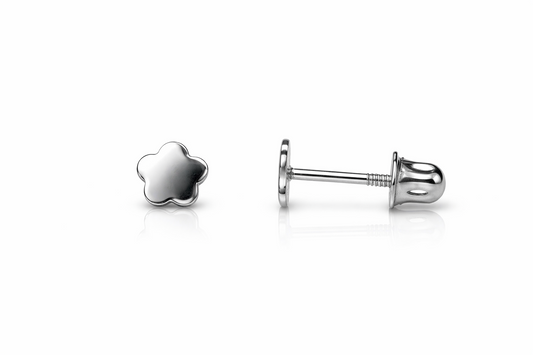 14K White Gold Flower CZ Stud Earring with screw back