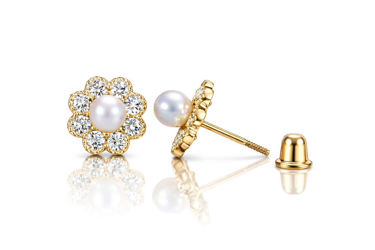 14k Yellow and White Gold Flower CZ Stud Earrings White Pearl with Screw Back
