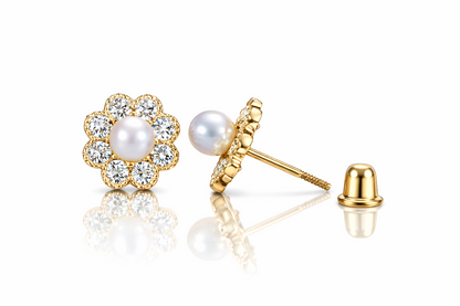 14k Yellow and White Gold Flower CZ Stud Earrings White Pearl with Screw Back