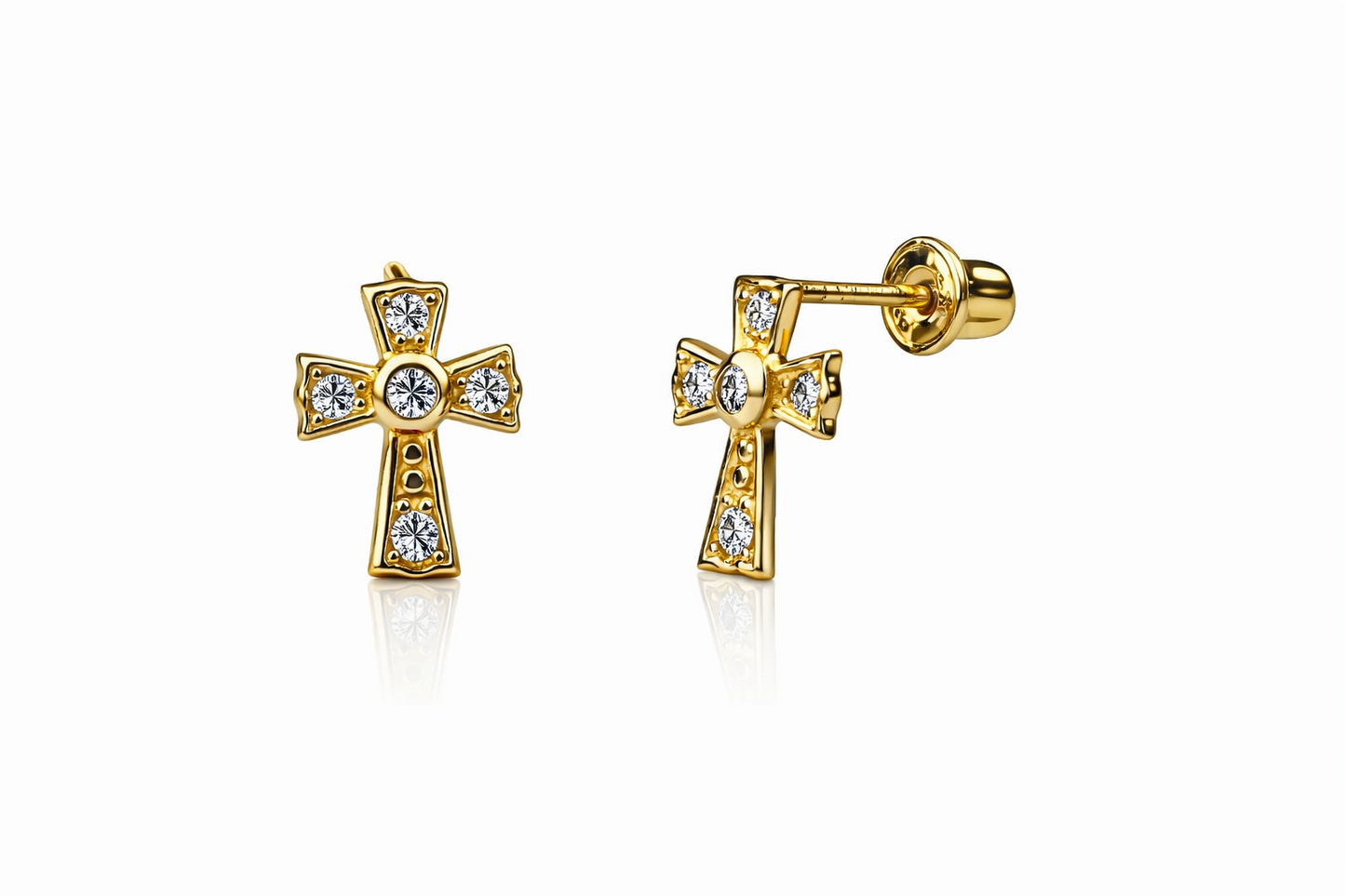 14K Yellow Gold Screw Back Cubic Zirconia Cross Earrings