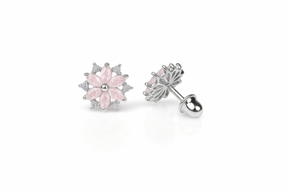 14K  White Gold Beautiful CZ Flower Stud Earrings for Women