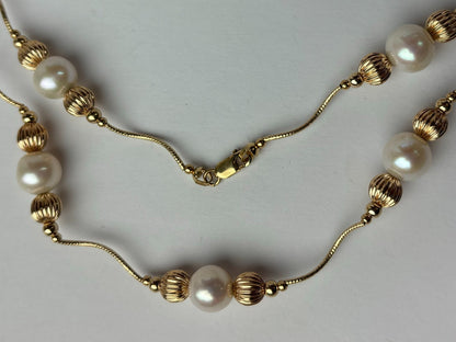 14K Yellow Gold Elegant Pearl & Gold Ball  Necklace Set for Women