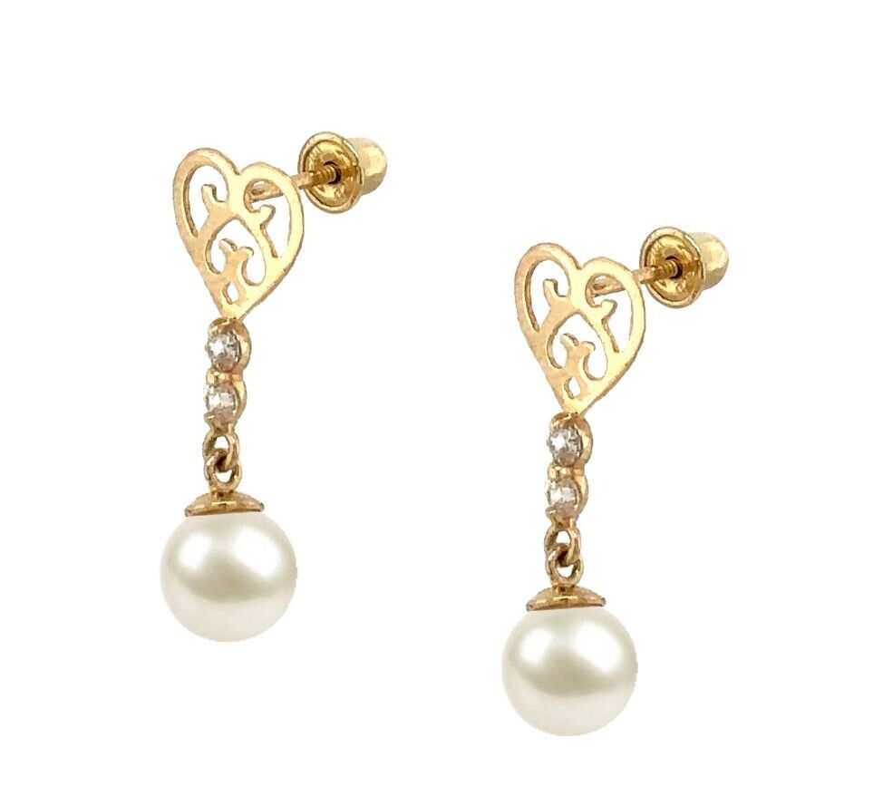 14K Gold Dangle Earrings With Genuine Freshwater Cultured Pearl 5mm Screw Back