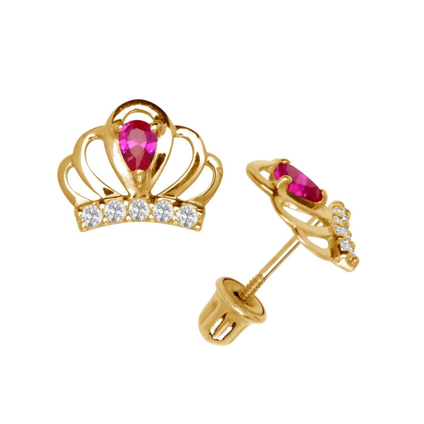 14k Yellow & White Gold CZ Crown Baby Screw Back Stud Earring for Girls