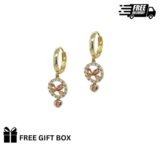 14k Yellow and Rose Gold Dangle Bow Hoop Huggie Earrings