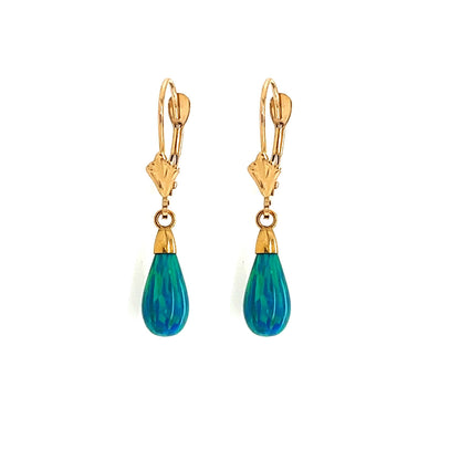 14k-Yellow and White Gold  Dangle Green Opal Leverback Earrings