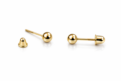 14k Solid Yellow Gold Ball stud earrings with screw back round High Polish