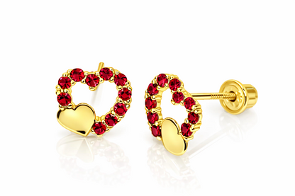 14K Yellow or White Gold Double Heart Stud Earrings with CZ  (Cubic Zirconia)