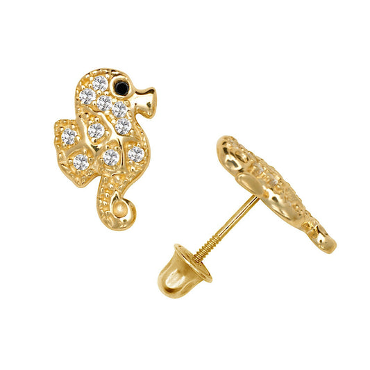 14K Yellow & White Gold Unique Seahorse Stud Earrings for Girls