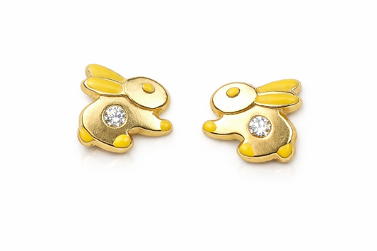 14k Yellow Gold Enamel CZ stud Rabbit screw back earrings