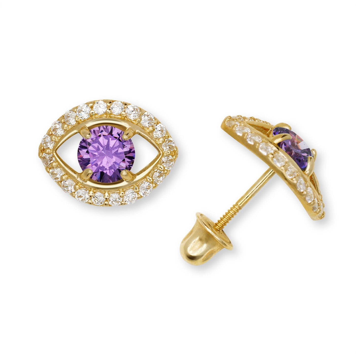 14K Yellow & White Gold CZ Evil Eye Stud Fashion Earrings for Women