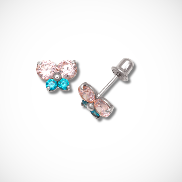 14k Yellow & White Gold Cubic Zirconia Butterfly Screw Back Earrings For Kids