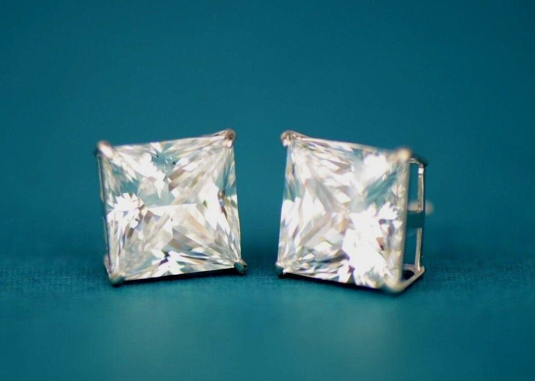 14k Heavy Basket White Gold Square AAA Quality CZ Stud Earrings with Push Back