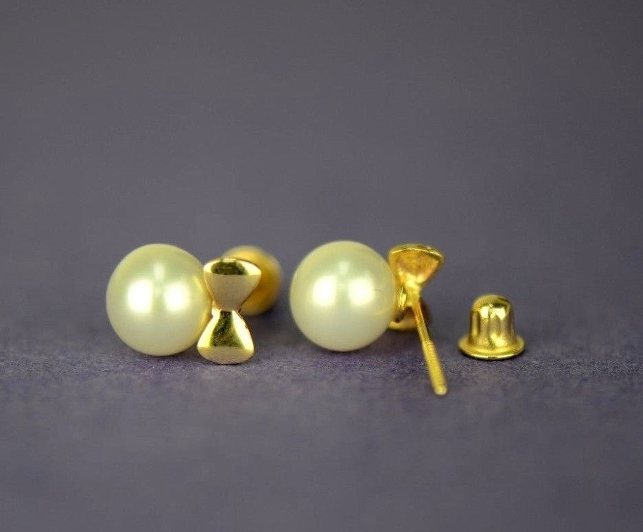 14K Yellow and White Gold Bow Tie Freshwater Pearl CZ Stud Earring