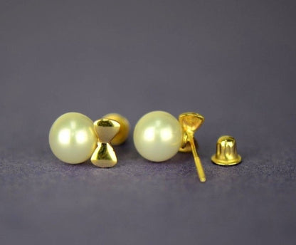 14K Yellow and White Gold Bow Tie Freshwater Pearl CZ Stud Earring