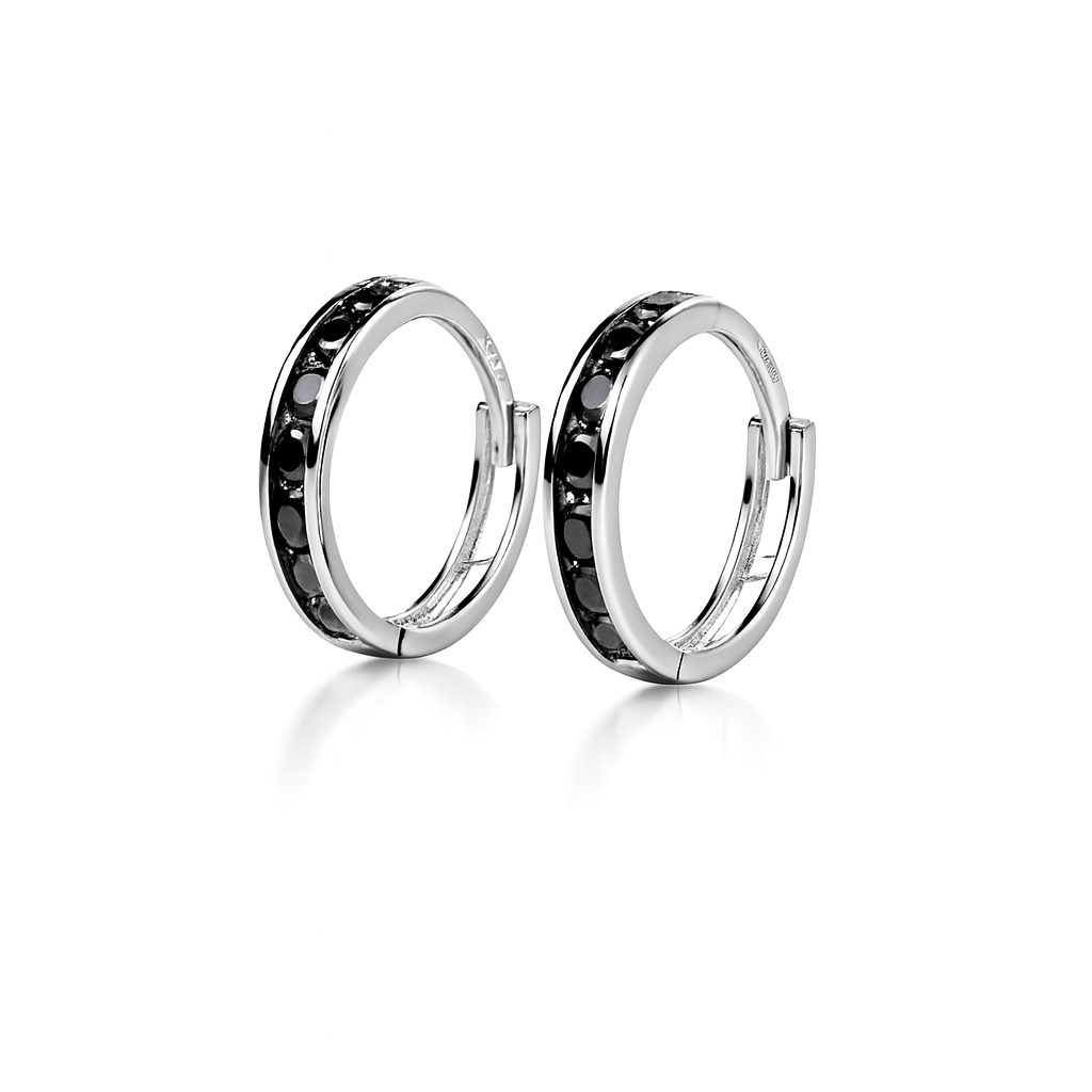 14k Yellow and White Gold Black Huggie Hoop Earrings